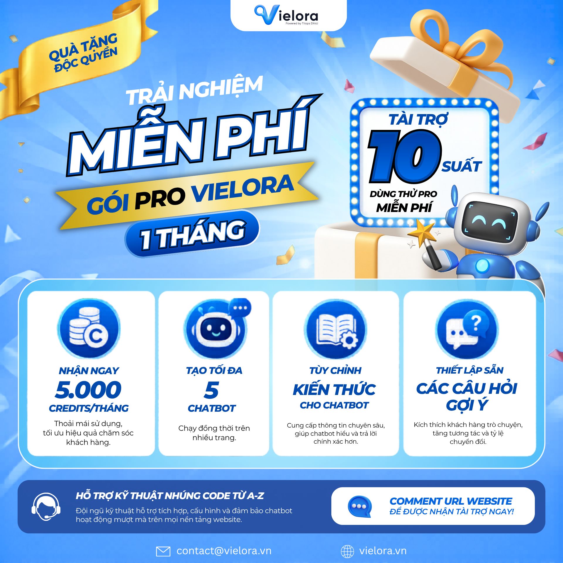 Vielora tài trợ 10 suất trải nghiệm miễn phí gói Pro: Nâng cấp website với trợ lý AI chatbot 24/7